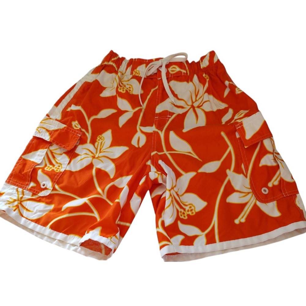 No Boundaries Board Shorts‎ Hawaiian Orange Hibiscus Swim Trunks Mens Small SEE
